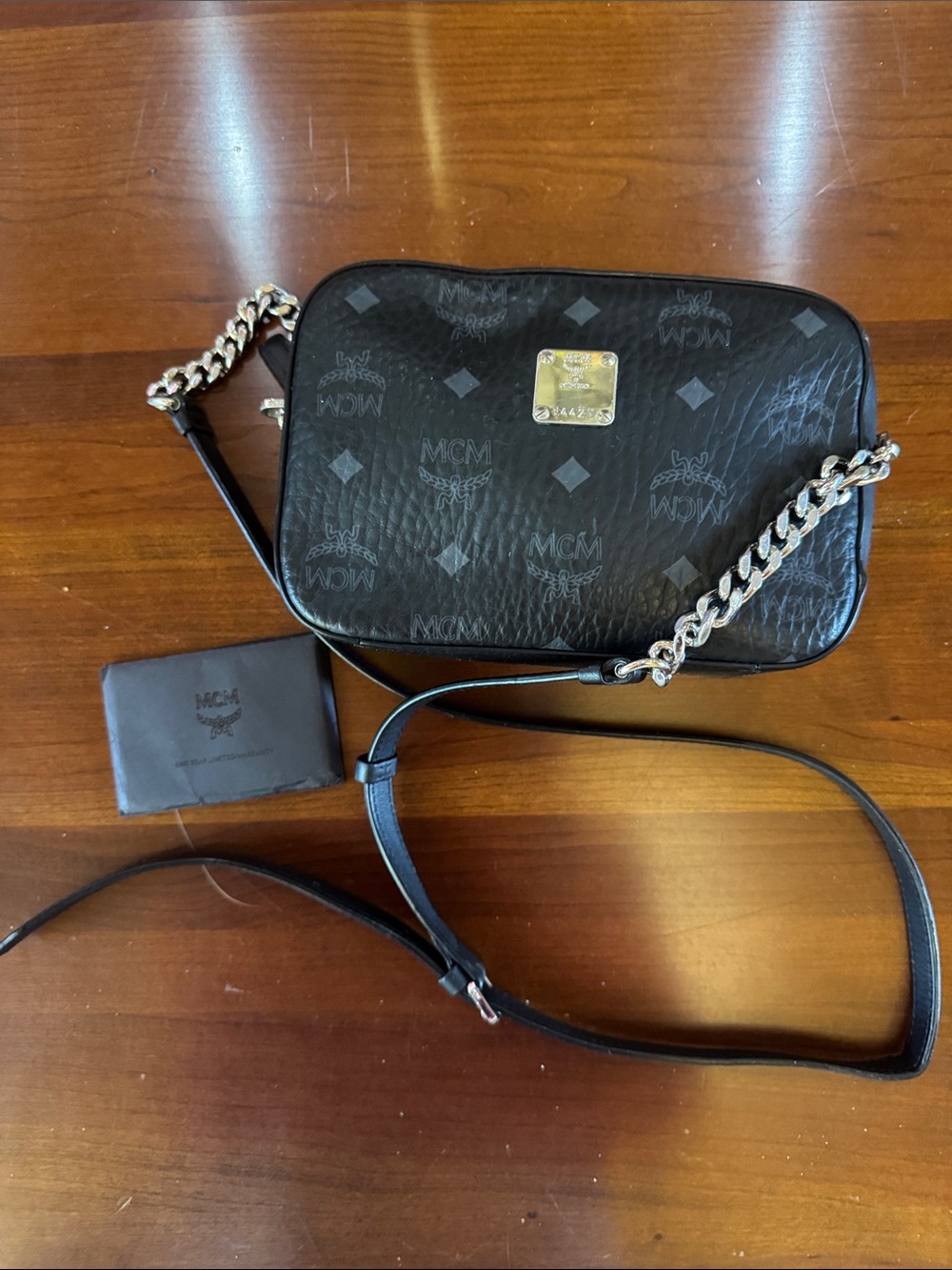 MCM Embossed Leather Camera Bag Black/Grey with Chain/Leather strap